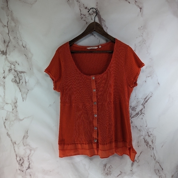 Soft Surroundings Shirt Womens Large Orange Roma Ribbed Ruffle Button Scoop - Picture 1 of 12
